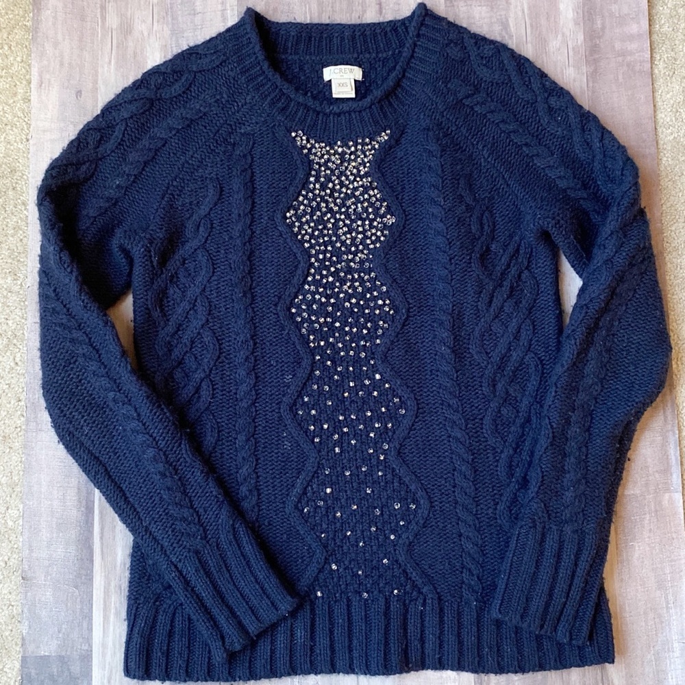 J. Crew Navy Beaded Cable Wool Sweater Navy